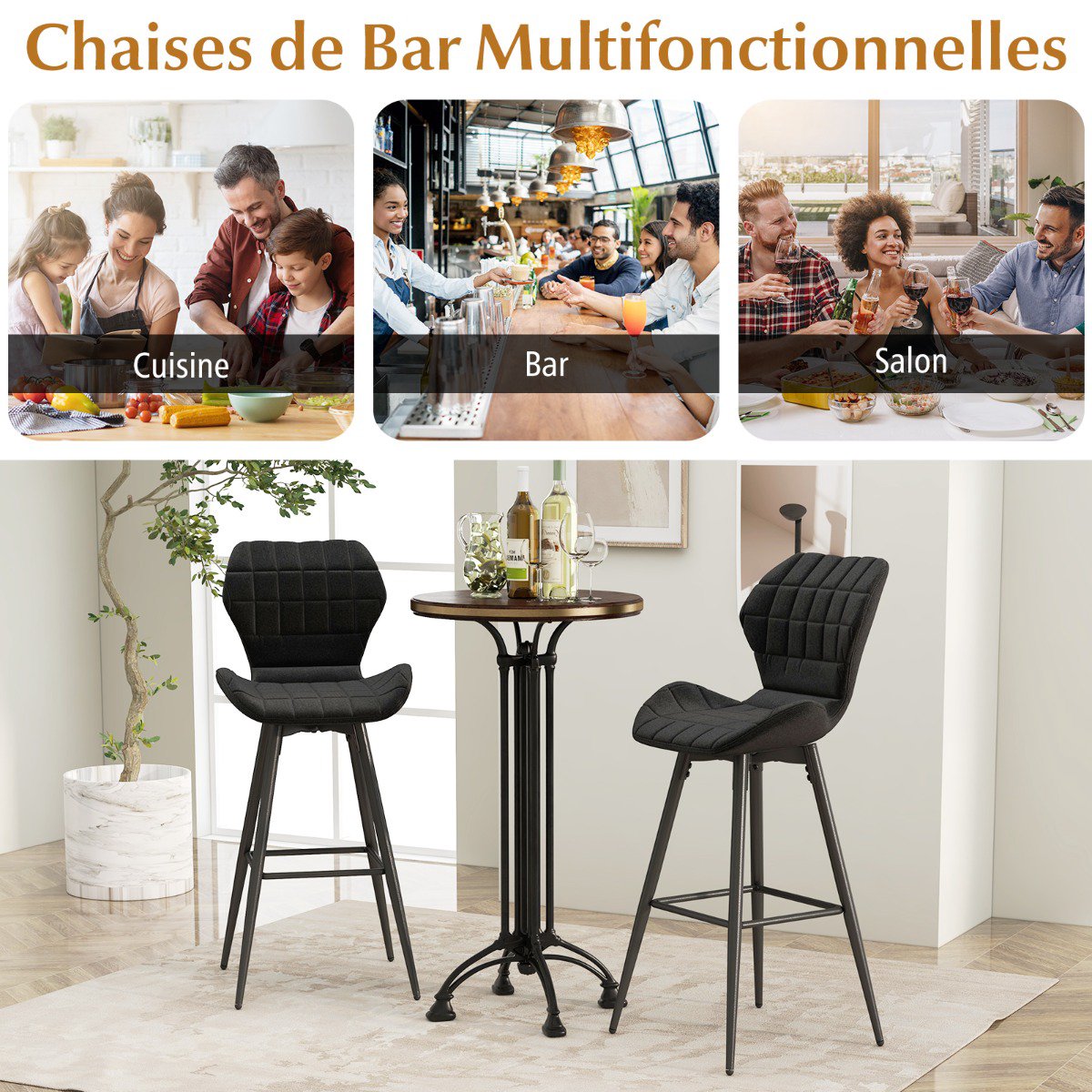 Set of 2 Bar Stools With Backrest, Footrest, Padded Seat