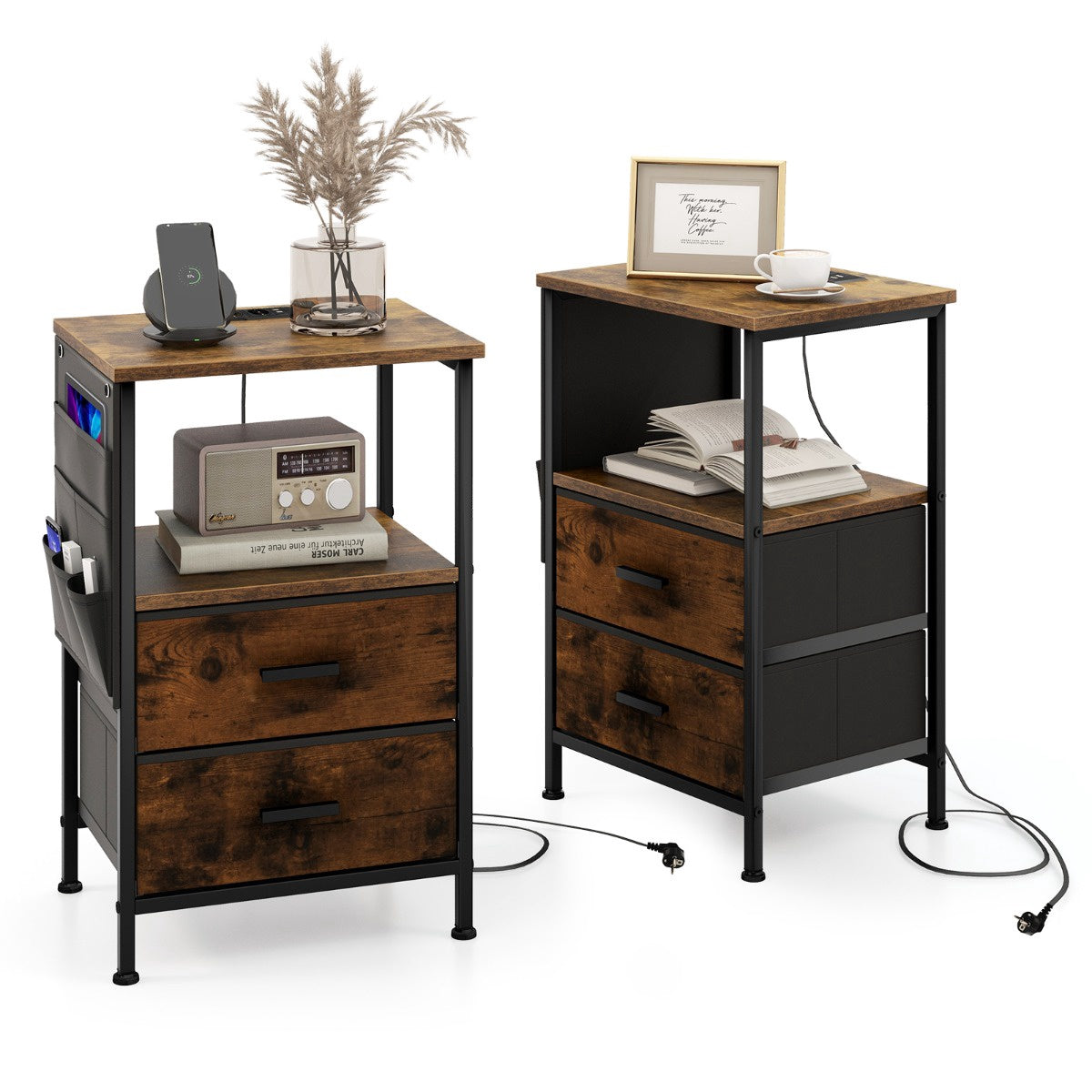 Set of 2 Bedside Tables With Charging Station, 2 Drawers