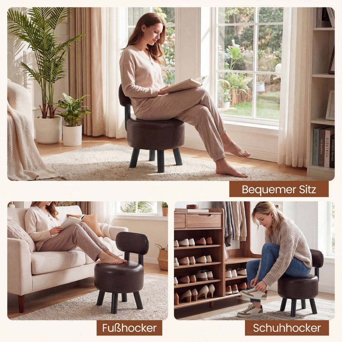 Set of 2 Brown Faux Leather Stools with Backrest, 150kg Capacity