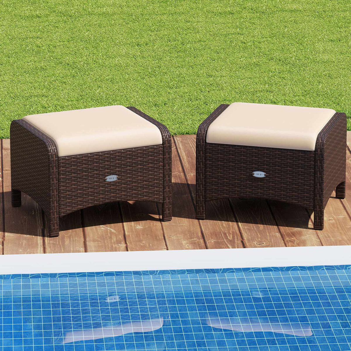 Set of 2 Brown Rattan Pouf Stools with Cushions