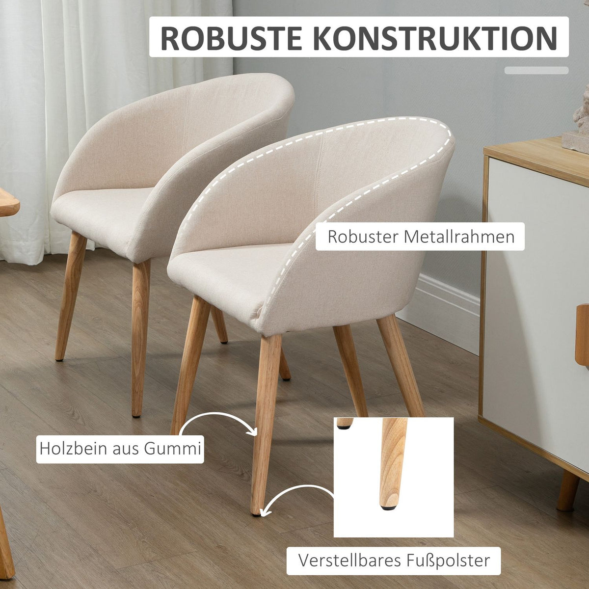 Set of 2 Dining Chairs, Linen Fabric, Metal Frame