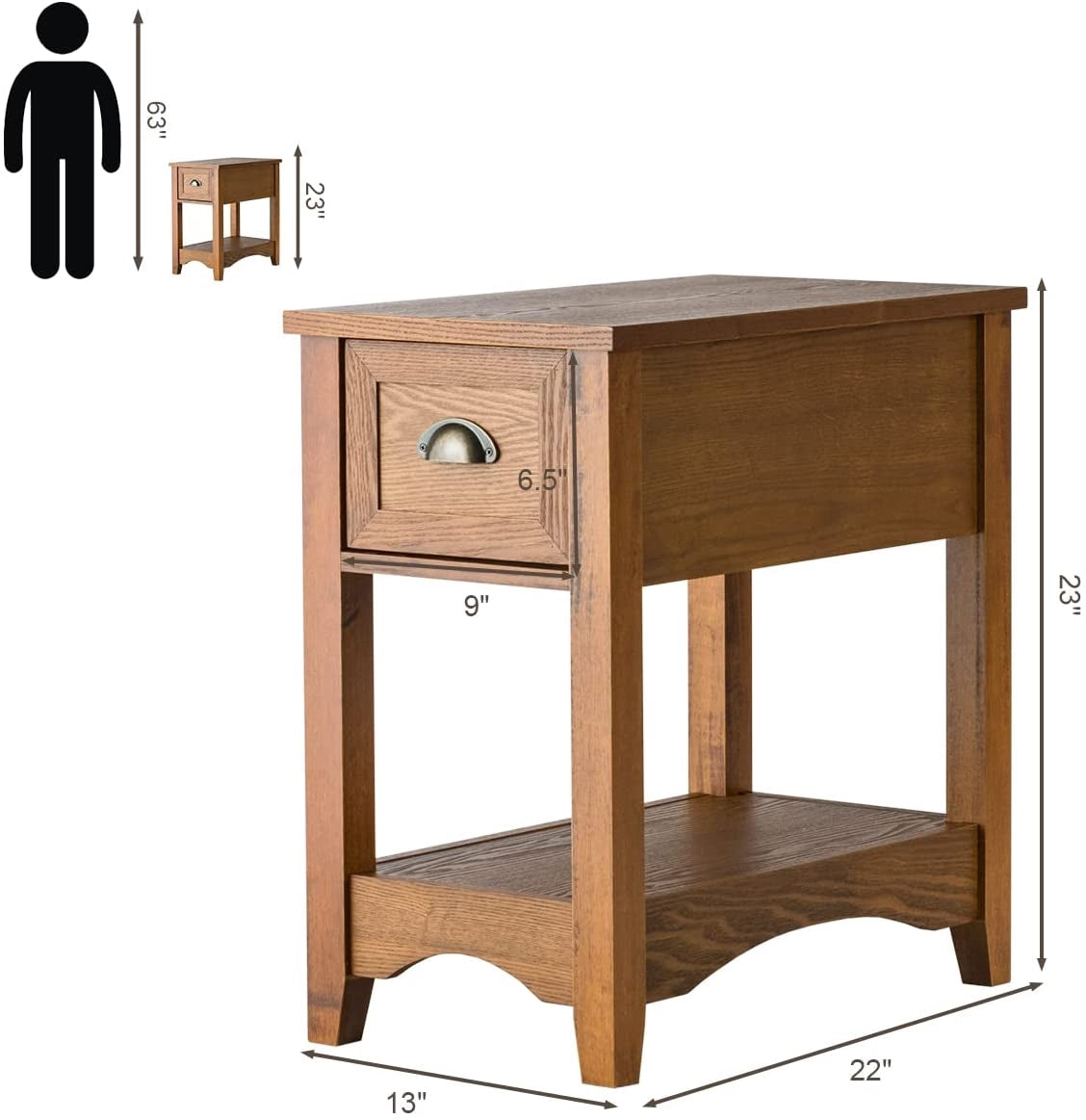 Set of 2 End Tables With Drawer and Shelf, Walnut