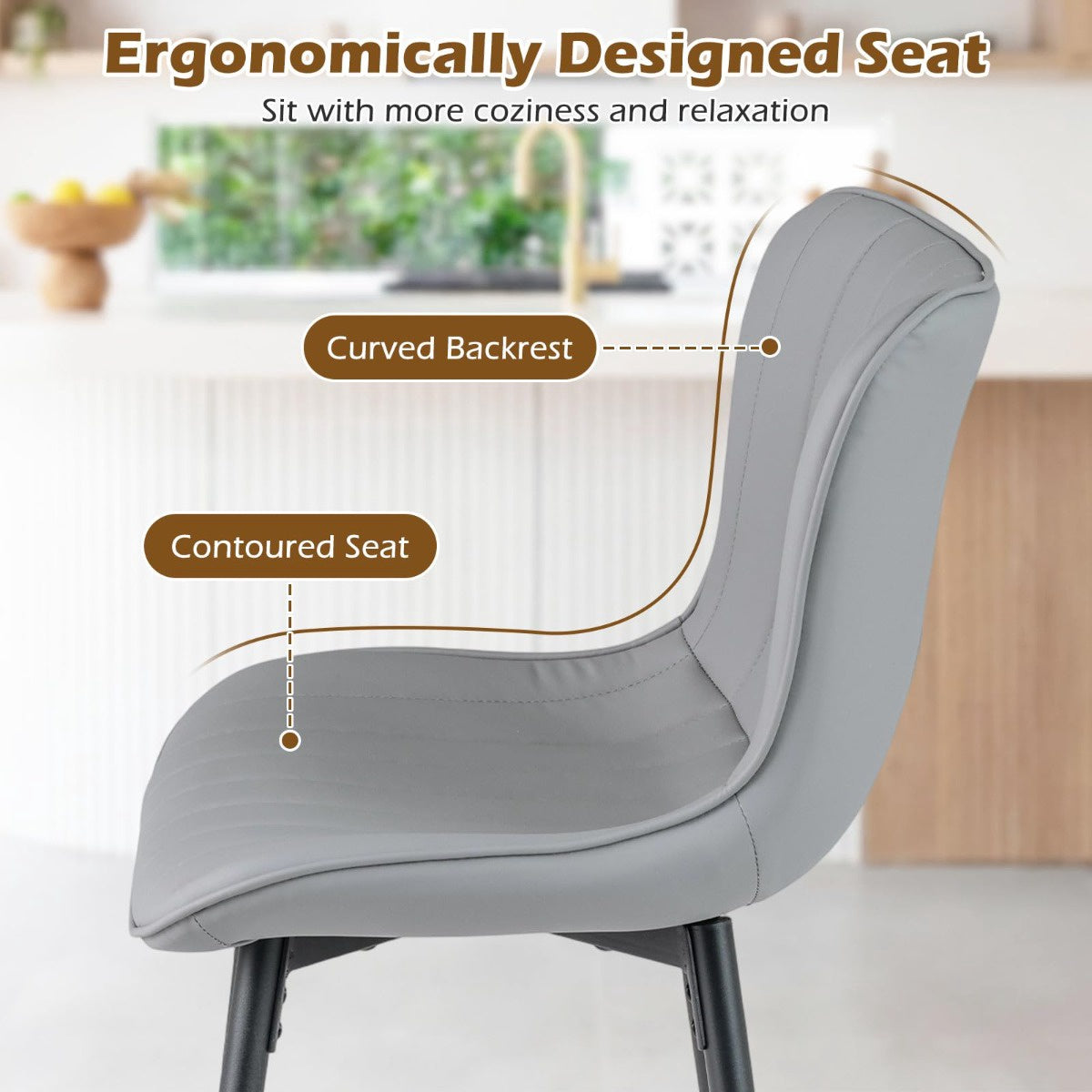 Set of 2 Ergonomic Bar Stools with Padded Seat, Gray