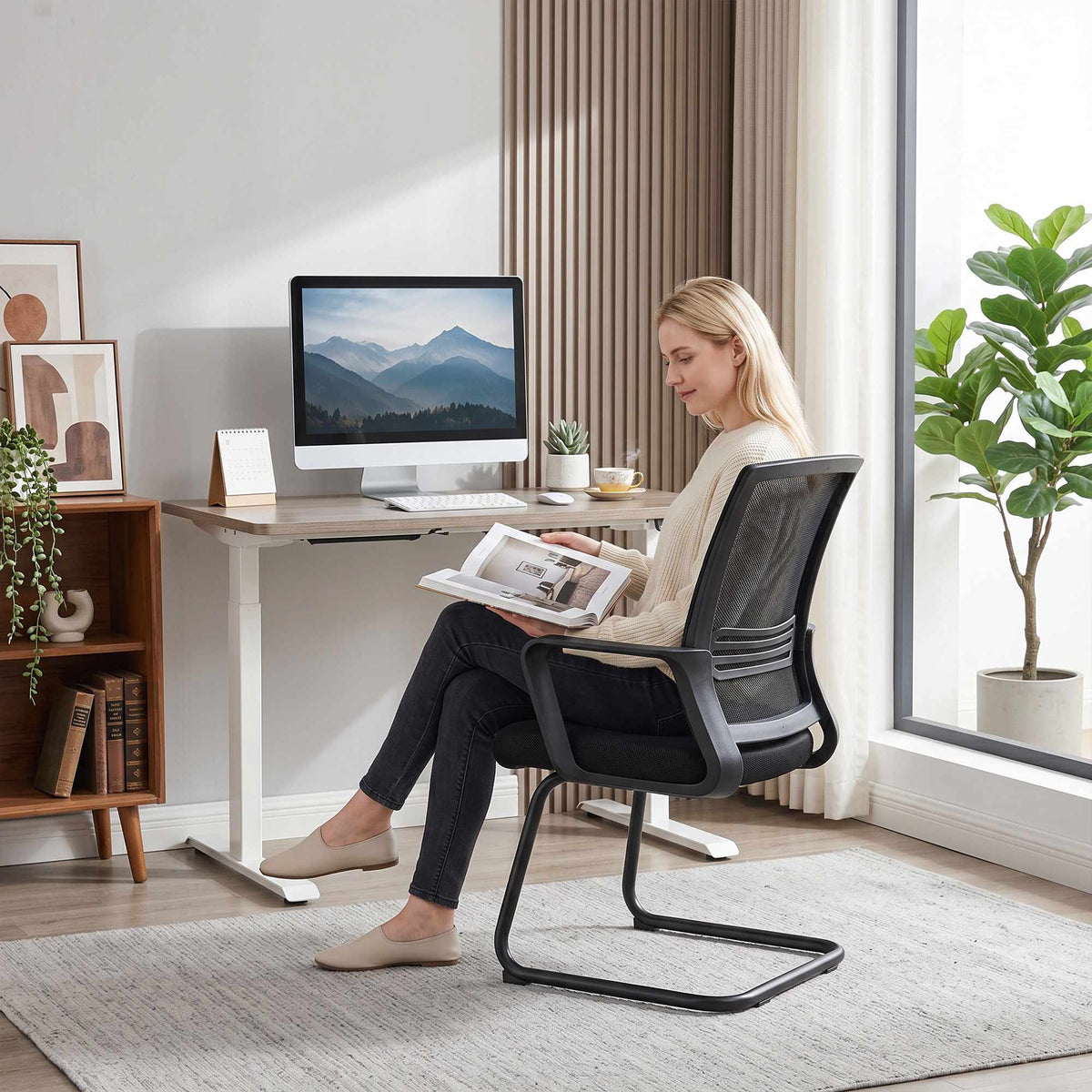 Set of 2 Ergonomic Black Conference Chairs with Sled Base