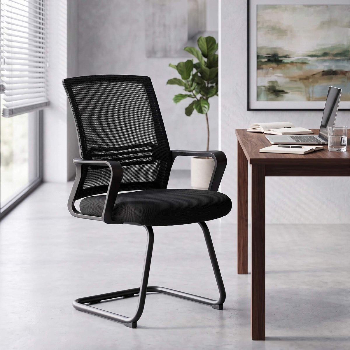 Set of 2 Ergonomic Black Conference Chairs with Sled Base