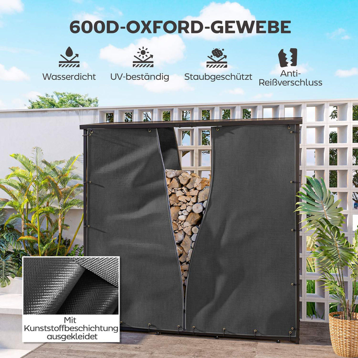 Set of 2 Firewood Rack Covers 174cm Waterproof 600D Oxford UV Protection Firewood Rack Cover for Firewood Rack 176W x 163/175H cm Black