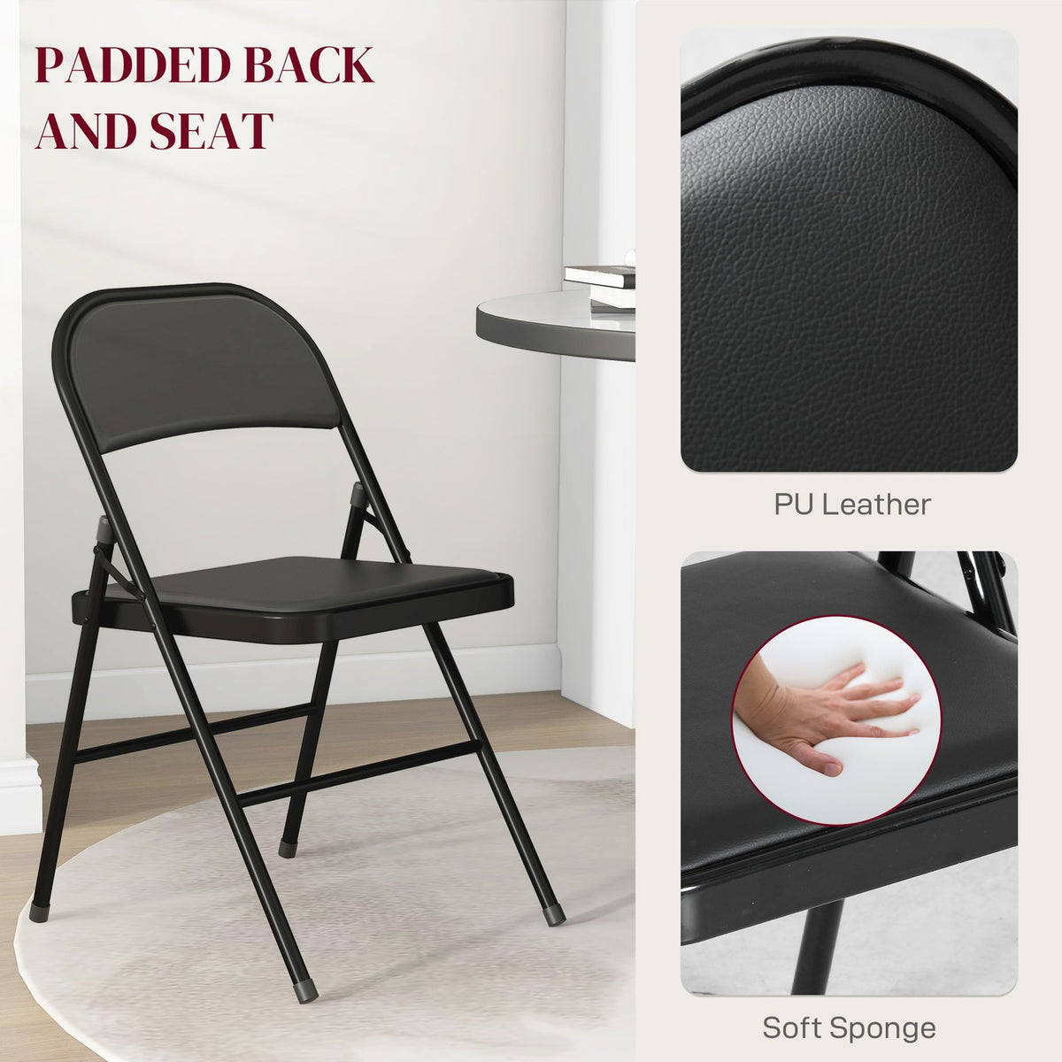 Set of 2 Folding Chairs, Portable Office Chair with Cushion, Steel Legs, Folding Chair for Office Reception Waiting Room, Faux Leather, Black