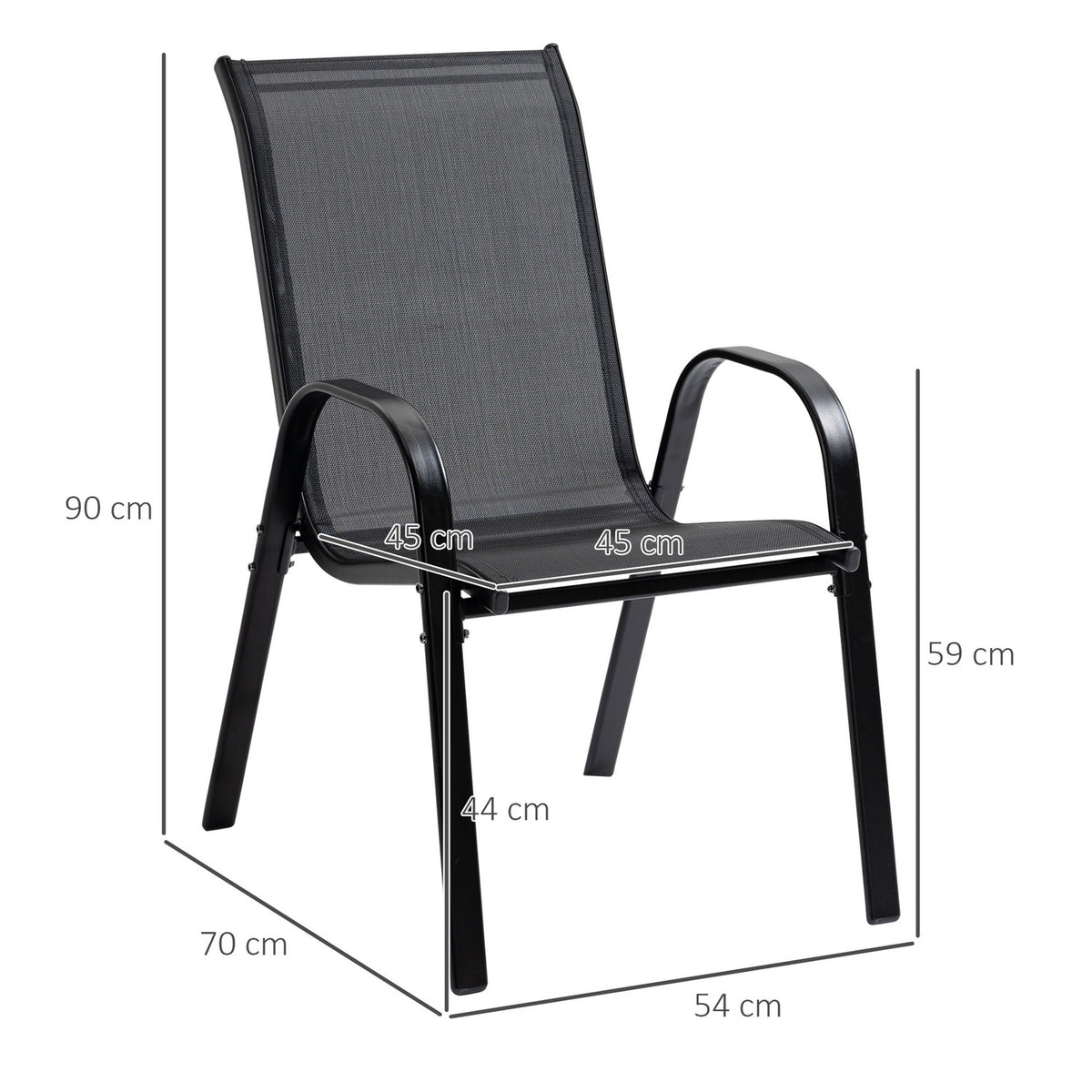 Set of 2 Garden Chairs Stacking Chairs with Armrest Dining Chairs Garden Metal Mesh Fabric Black 70 x 54 x 90 cm |