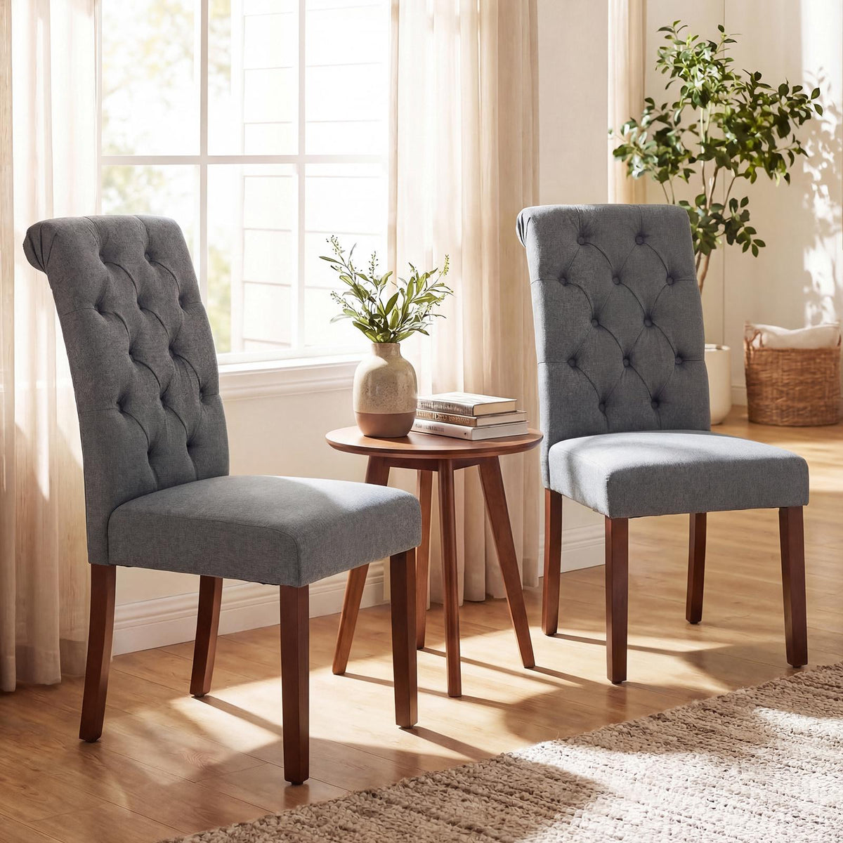 Set of 2 Grey Dining Chairs, Padded Seat, Wood Legs
