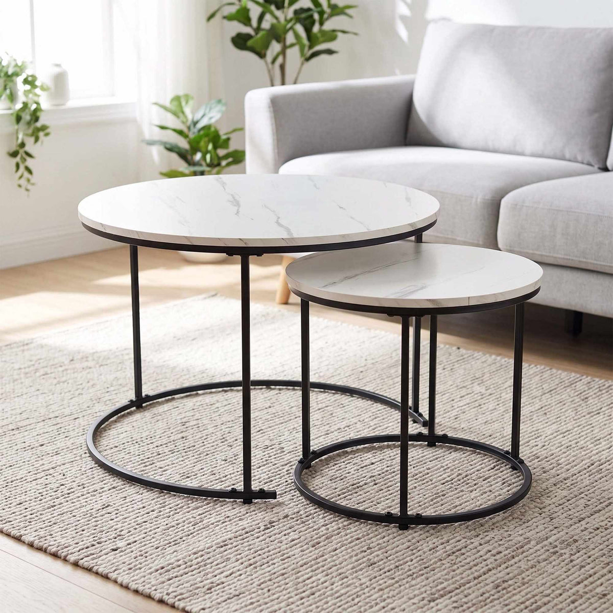 Set of 2 Marble-Effect Metal Side Tables – White/Black