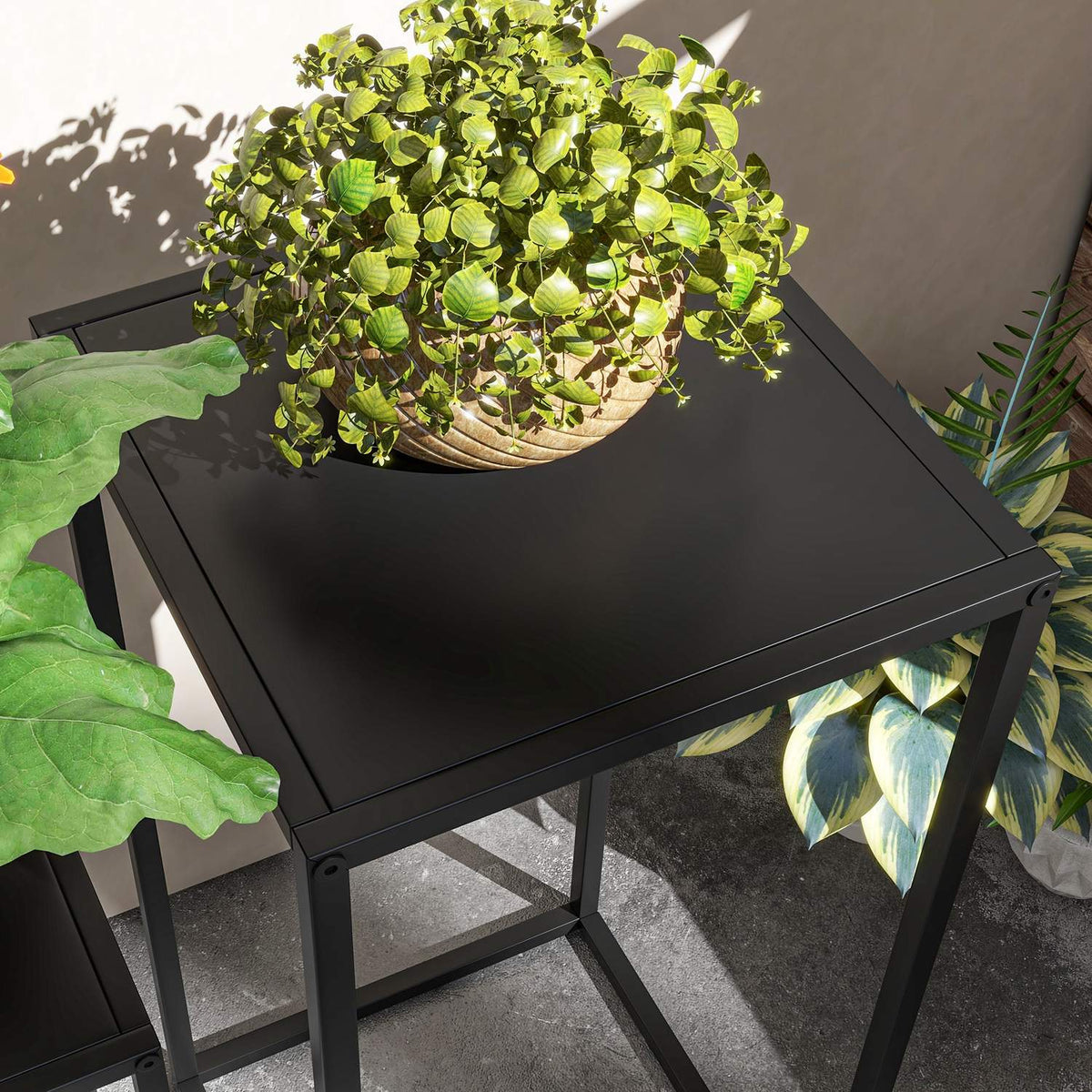 Set of 2 Plant Stands, Plant Stools with Steel Legs, Scandinavian Design, Flower Stand for Garden, Balcony, Black
