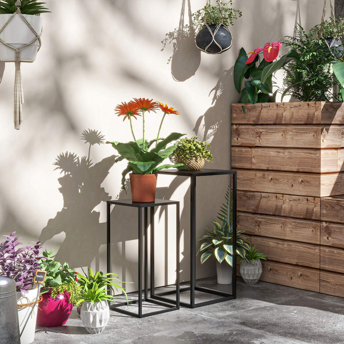 Set of 2 Plant Stands, Plant Stools with Steel Legs, Scandinavian Design, Flower Stand for Garden, Balcony, Black