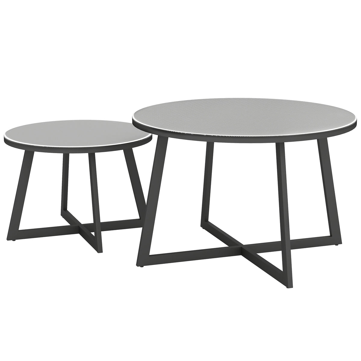 Set of 2 Side Tables Stackable Garden Table Round Weatherproof Balcony Table with X-Legs Glass Top Steel Camping Table Coffee Table for Living Room Office Outdoor Indoor Black + Gray |
