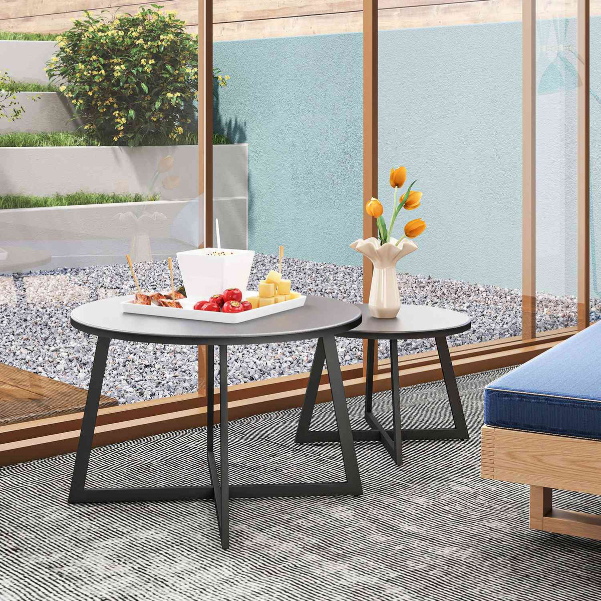 Set of 2 Side Tables Stackable Garden Table Round Weatherproof Balcony Table with X-Legs Glass Top Steel Camping Table Coffee Table for Living Room Office Outdoor Indoor Black + Gray |