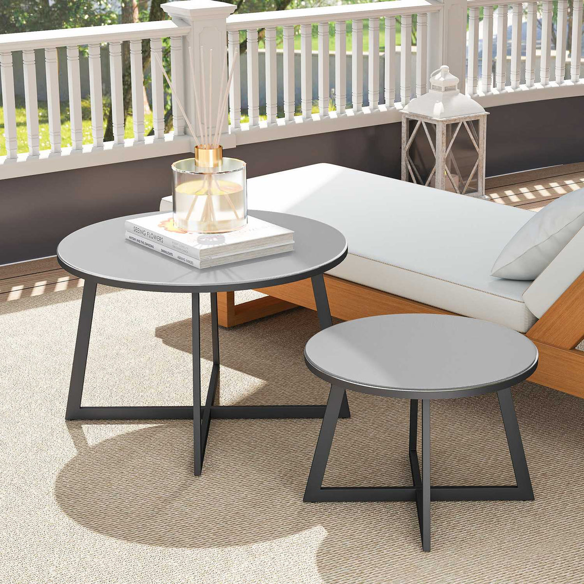 Set of 2 Side Tables Stackable Garden Table Round Weatherproof Balcony Table with X-Legs Glass Top Steel Camping Table Coffee Table for Living Room Office Outdoor Indoor Black + Gray |