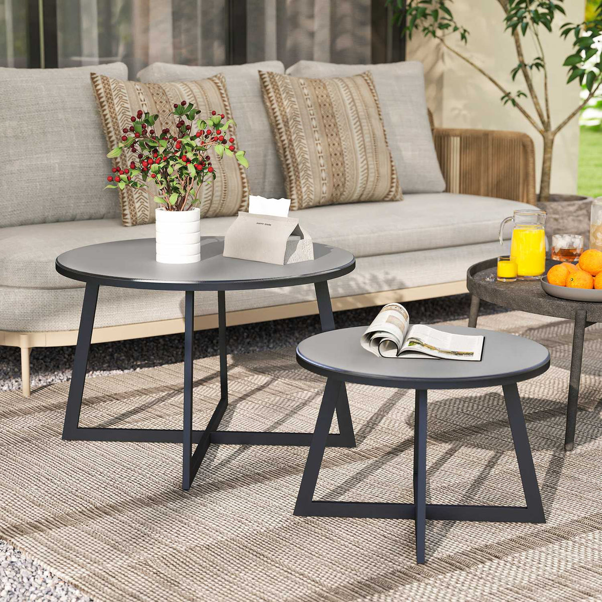 Set of 2 Side Tables Stackable Garden Table Round Weatherproof Balcony Table with X-Legs Glass Top Steel Camping Table Coffee Table for Living Room Office Outdoor Indoor Black + Gray |