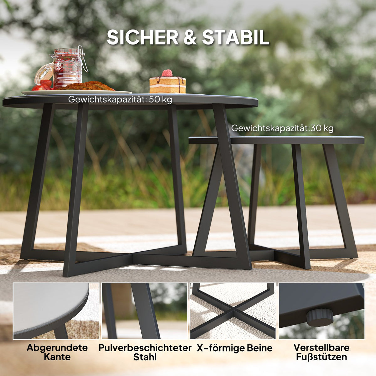 Set of 2 Side Tables Stackable Garden Table Round Weatherproof Balcony Table with X-Legs Glass Top Steel Camping Table Coffee Table for Living Room Office Outdoor Indoor Black + Gray |