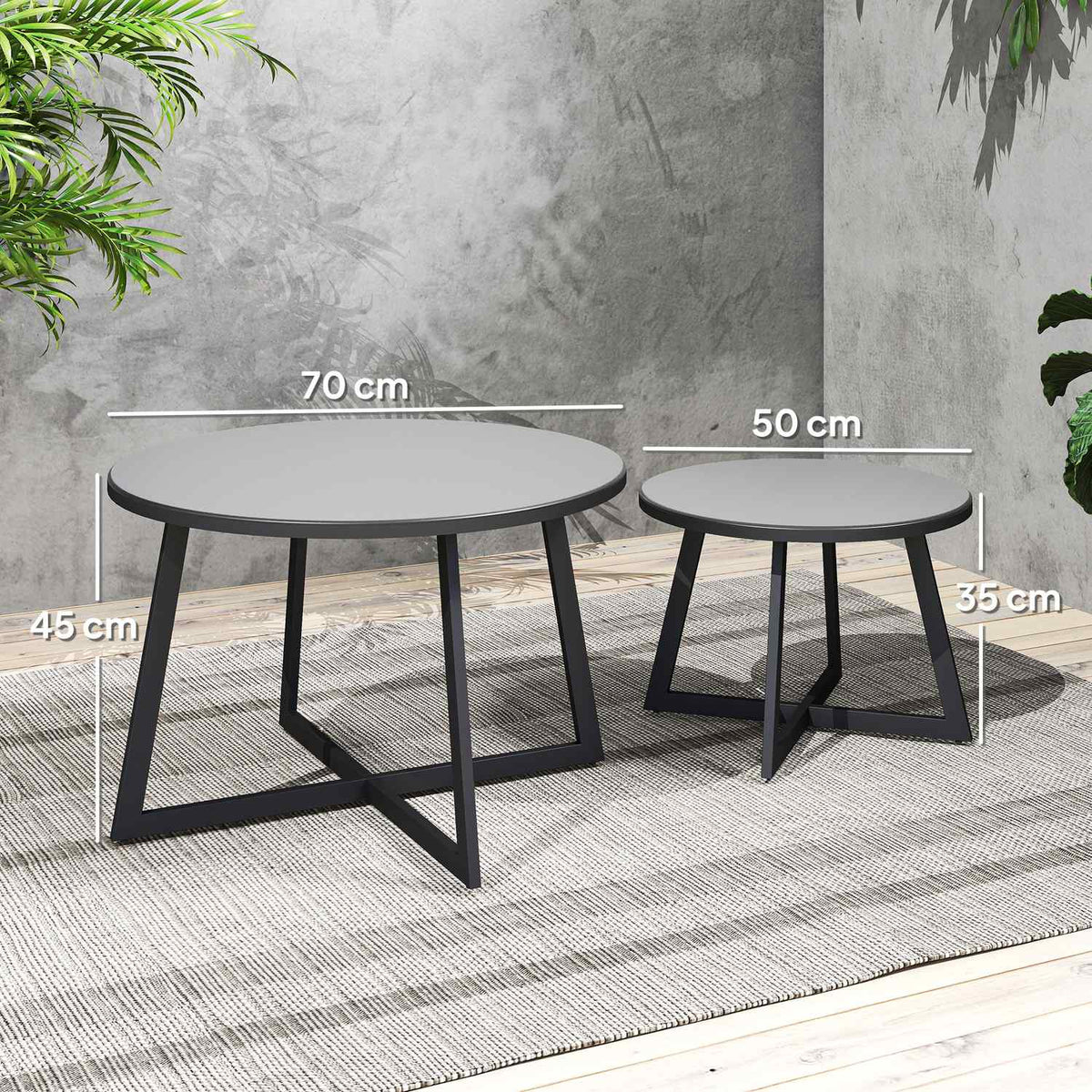 Set of 2 Side Tables Stackable Garden Table Round Weatherproof Balcony Table with X-Legs Glass Top Steel Camping Table Coffee Table for Living Room Office Outdoor Indoor Black + Gray |