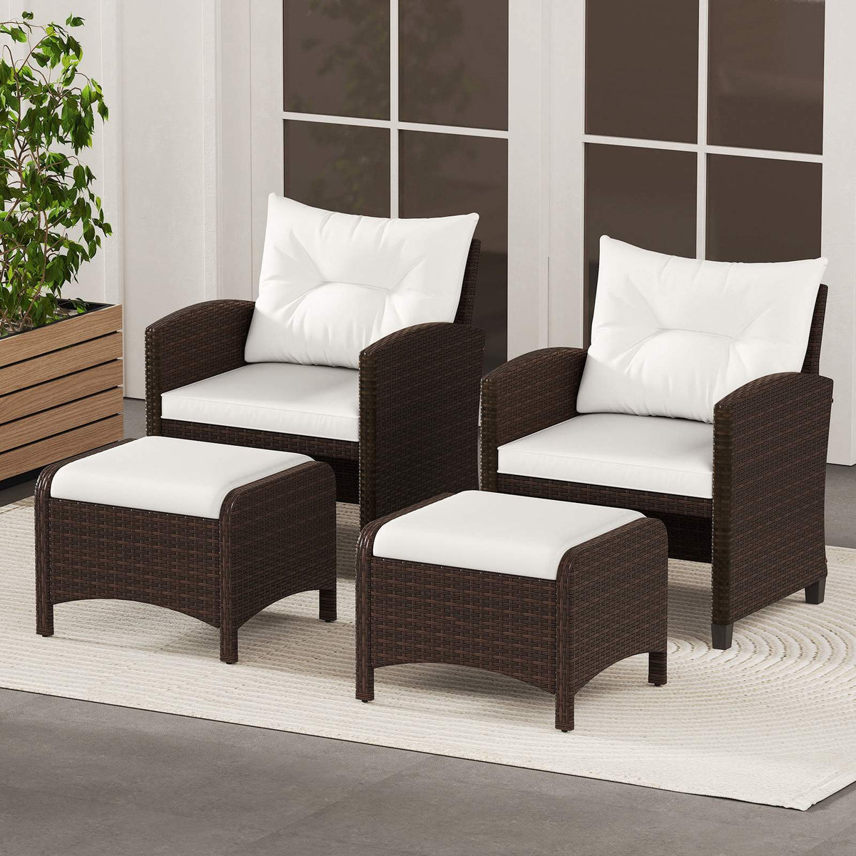 Set of 2 White Rattan Pouf Stools with Cushions