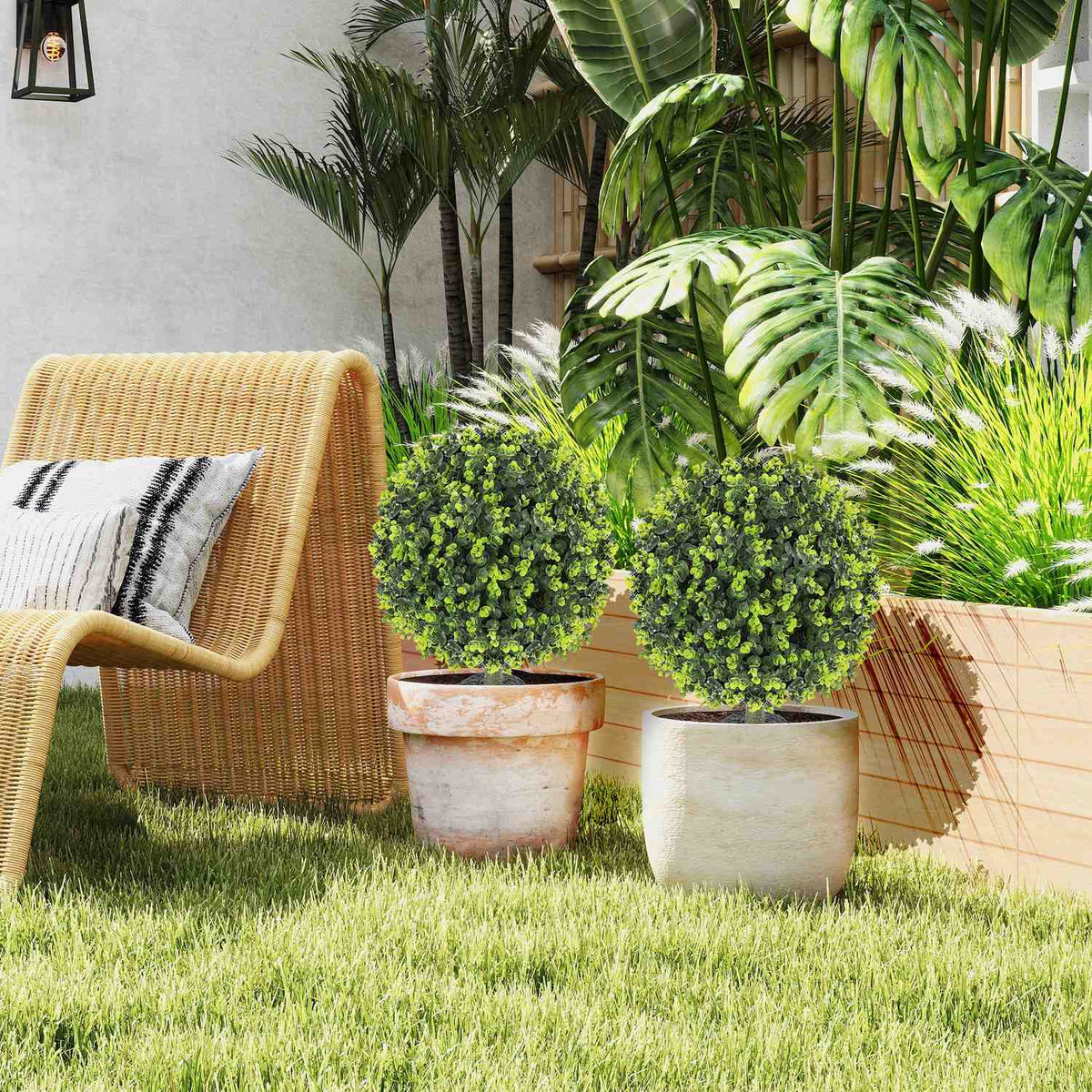 Set of 2 artificial boxwood balls 40 cm artificial plants with ground spike, artificial plants, plastic like real decoration for living room, bedroom, office, garden