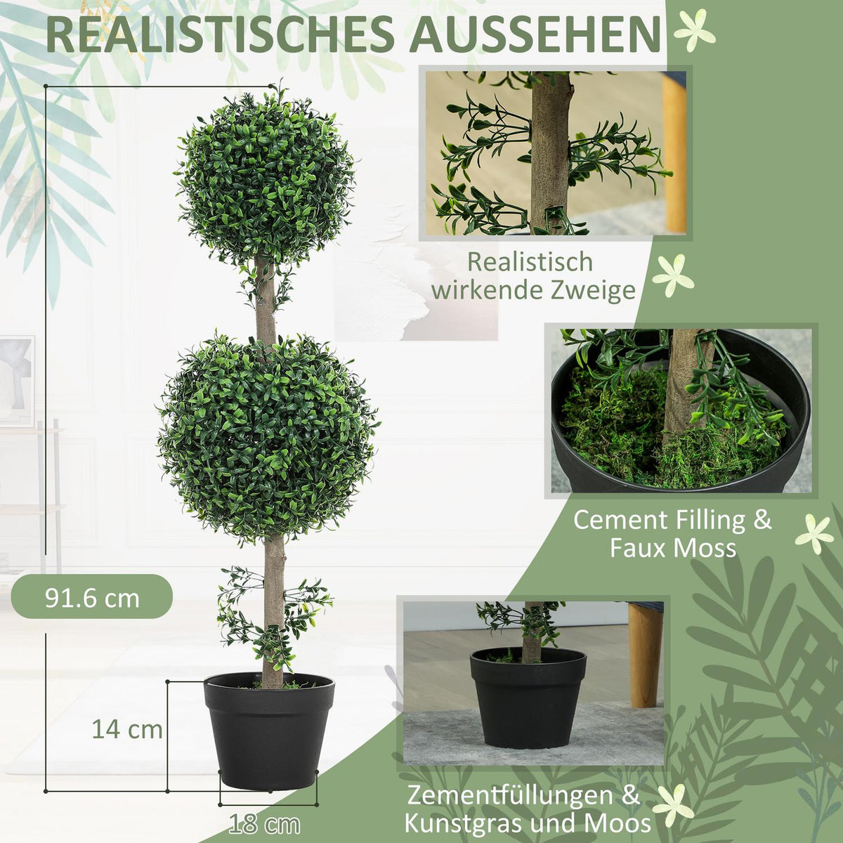Set of 2 artificial plants, artificial boxwood plants, UV-protected, with pot, green