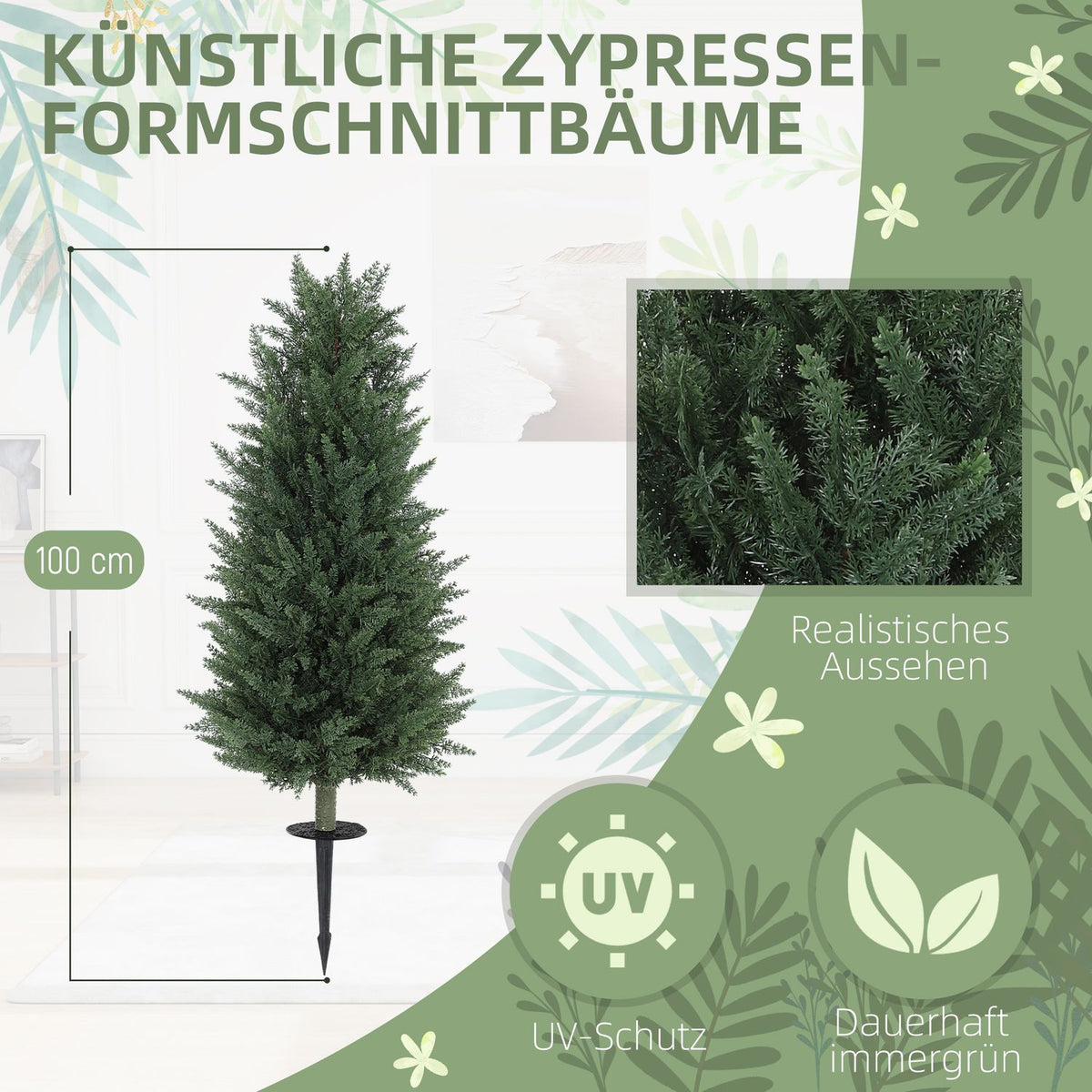 Set of 2 artificial plants, artificial cypresses with 831 leaves each, versatile, green