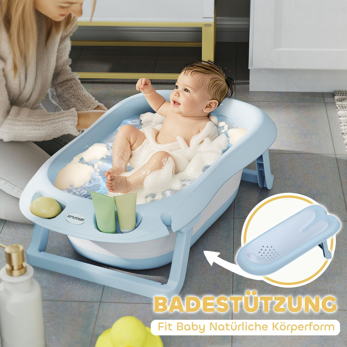 Set of 2 baby bathtubs, foldable baby bathtub with frame, non-slip baby bathtub, bathing basin, shower tray for toddlers 0-3 years, light blue
