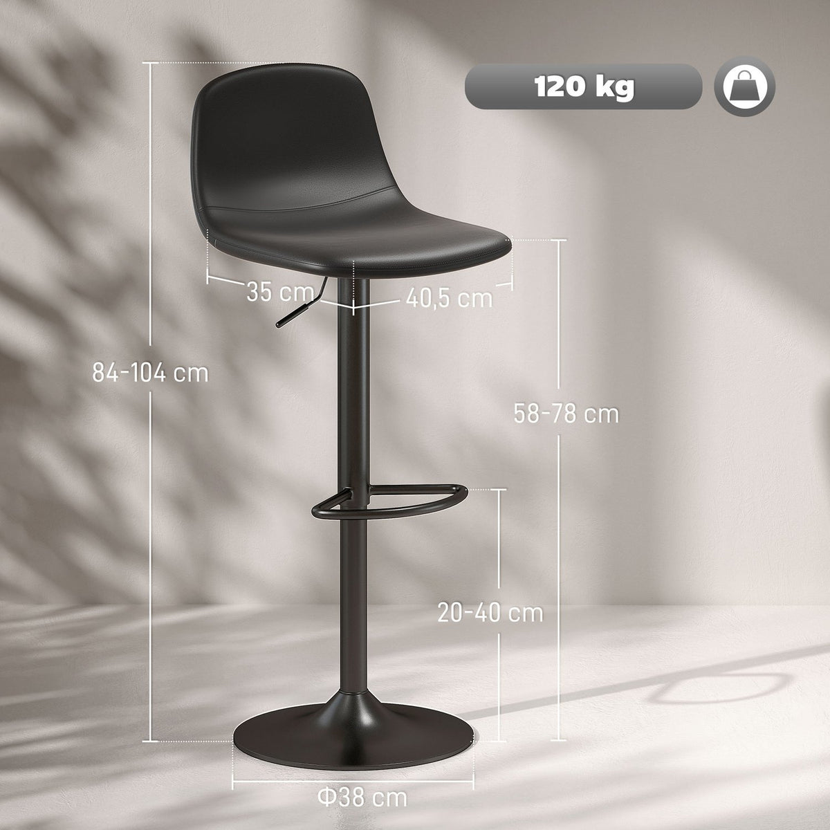 Set of 2 bar stools, bar chairs with faux leather upholstery, swivel, with backrest and footrest, metal base, black