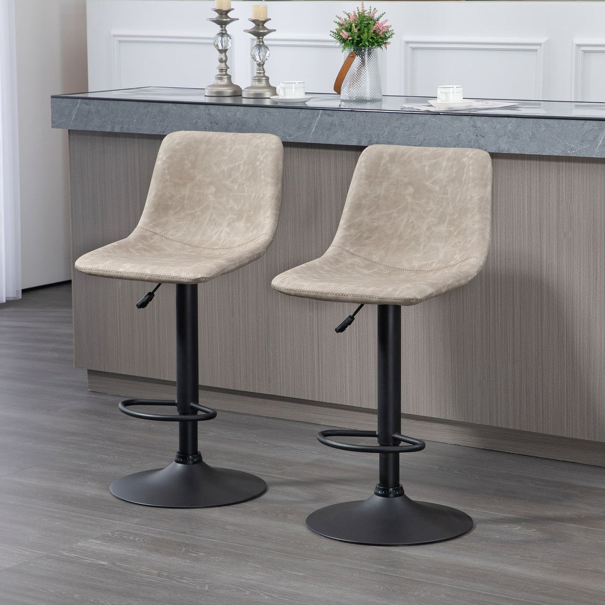 Set of 2 bar stools, bistro stools with footrest, swivel bar chair, height-adjustable kitchen stools with faux leather cover, for living room, dining room, beige
