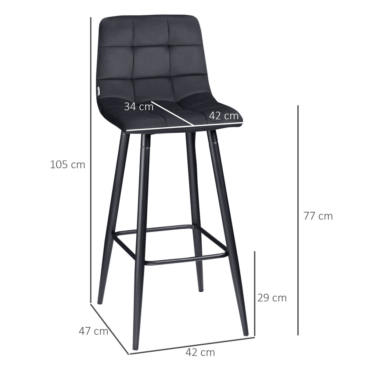 Set of 2 bar stools bistro stools with footrest velvet cover kitchen chair counter stool set steel legs black 42x47x105cm for living room dining room