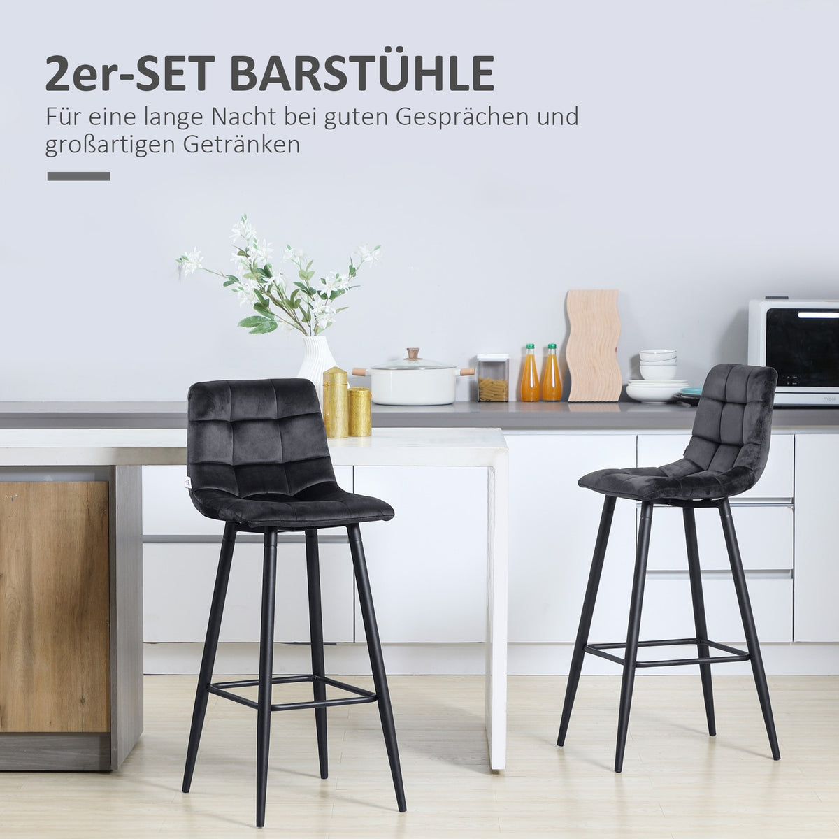 Set of 2 bar stools bistro stools with footrest velvet cover kitchen chair counter stool set steel legs black 42x47x105cm for living room dining room