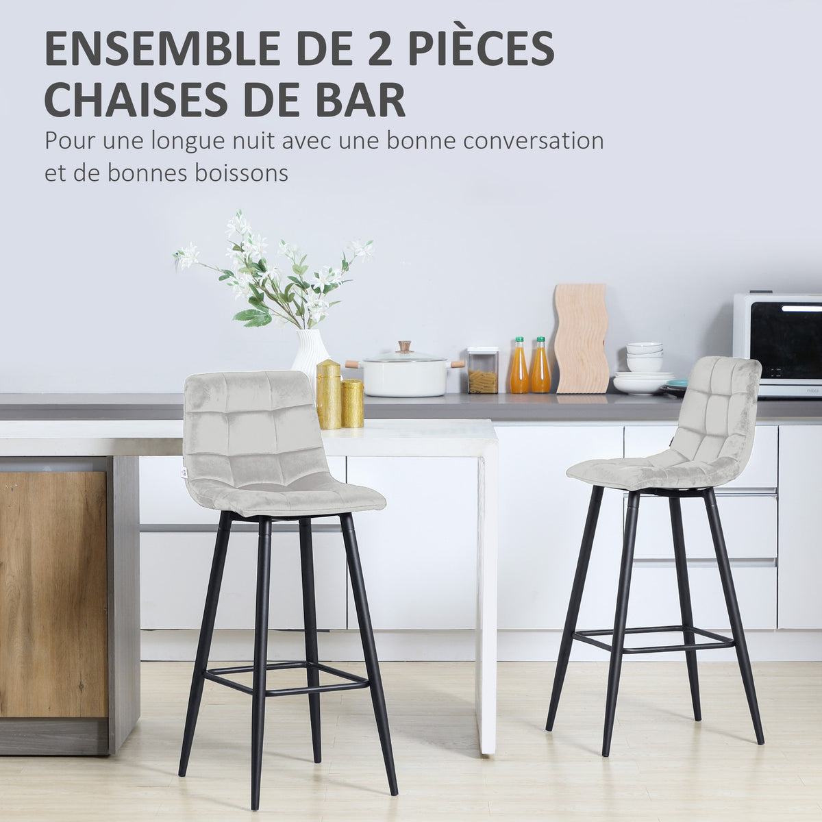 Set of 2 bar stools bistro stools with footrest velvet cover kitchen chair counter stool set steel legs light gray 42x47x105cm for living room
