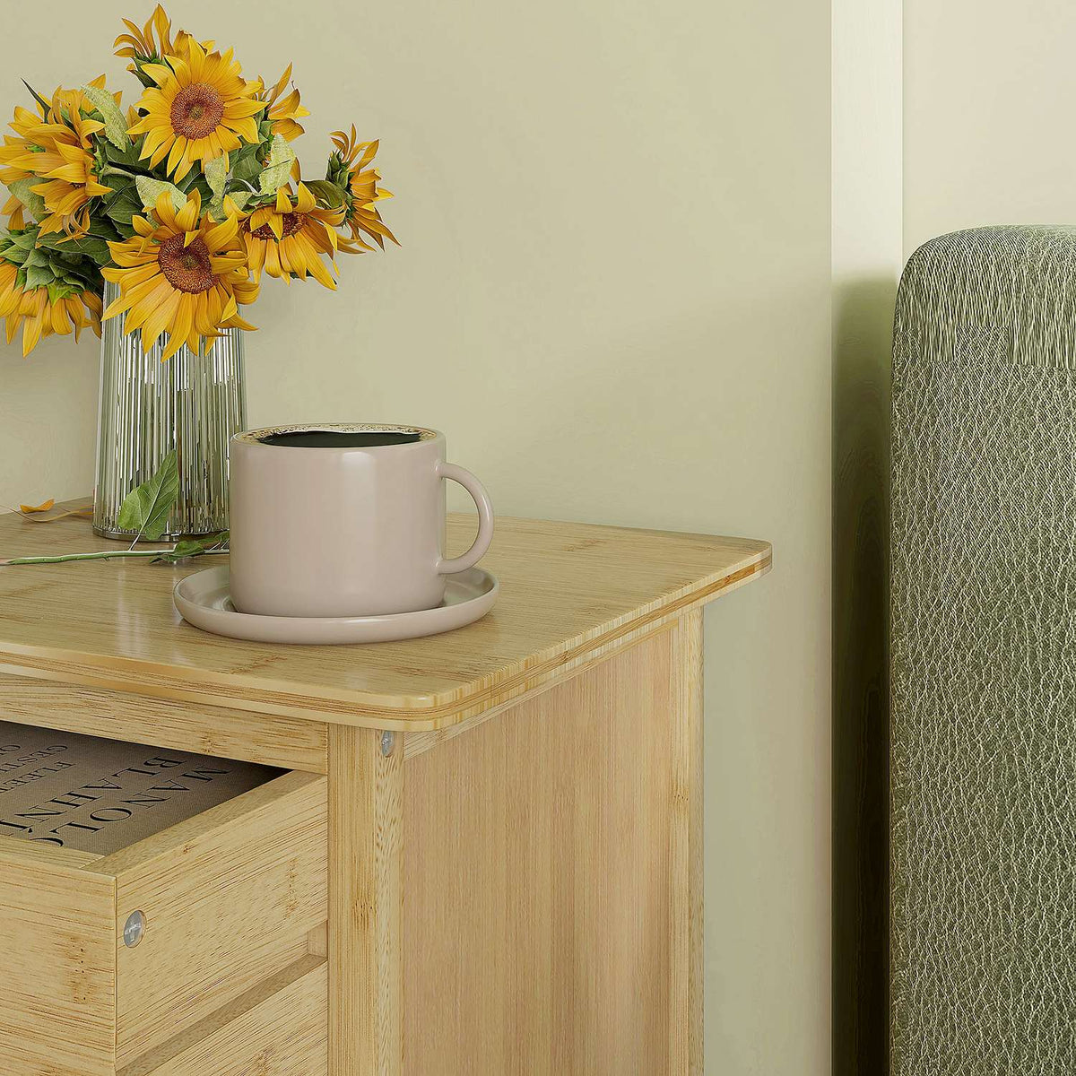 Set of 2 bedside tables, nightstand with drawer, shelf, nightstand with handle, for bedroom, living room, natural, 40 x 34 x 60 cm
