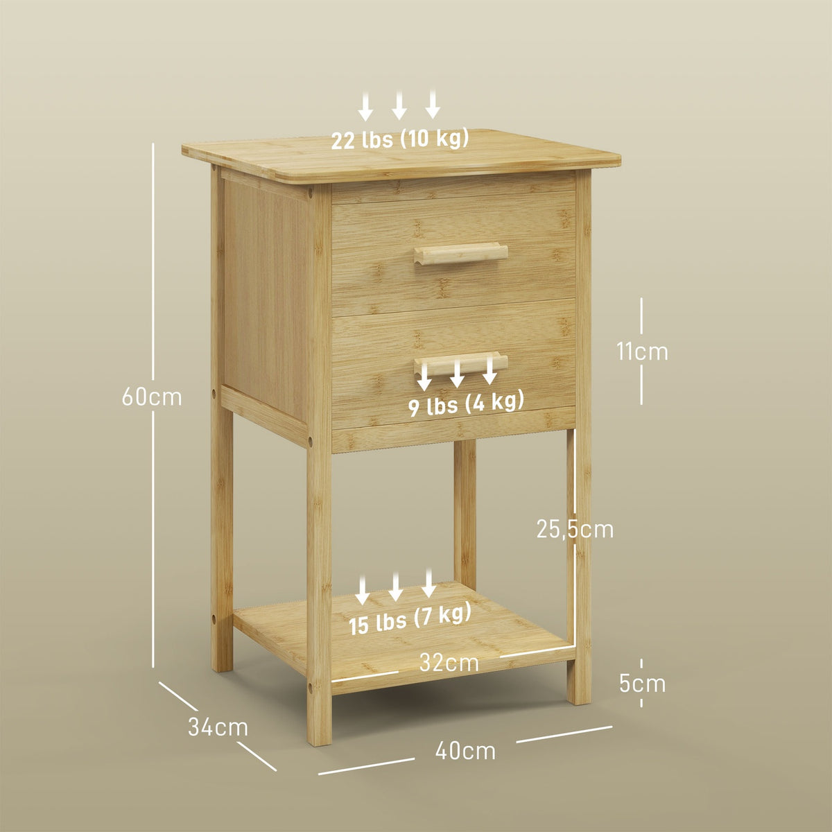 Set of 2 bedside tables, nightstand with drawer, shelf, nightstand with handle, for bedroom, living room, natural, 40 x 34 x 60 cm
