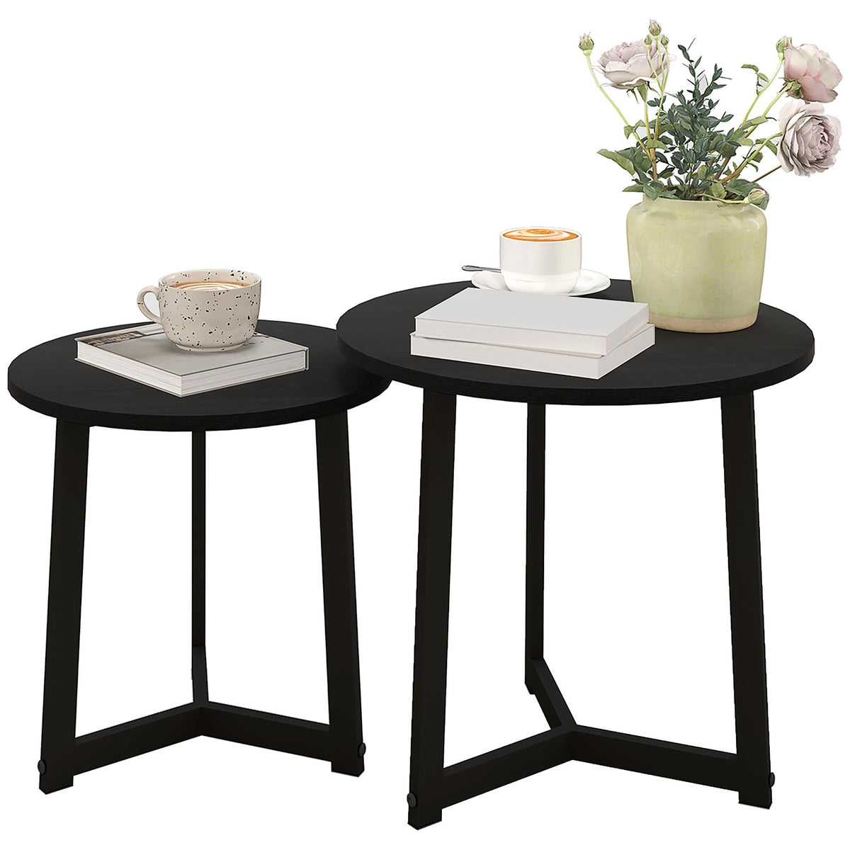 Set of 2 coffee tables, round side tables, coffee table with steel frame, sofa table in a modern design, for living room, load capacity up to 35 kg, black