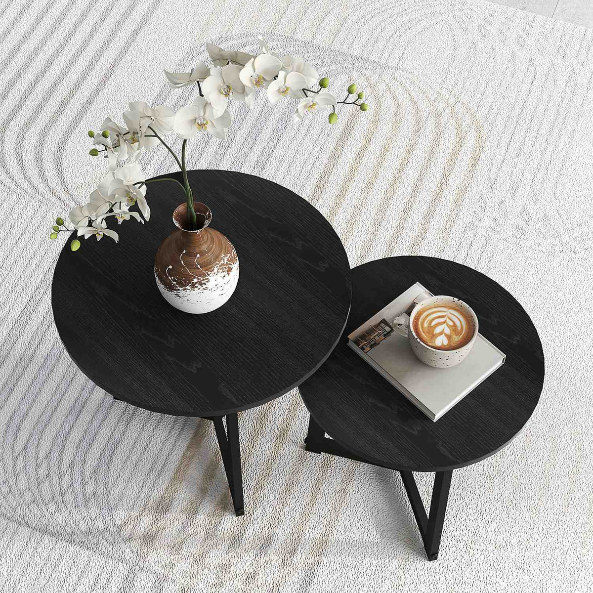 Set of 2 coffee tables, round side tables, coffee table with steel frame, sofa table in a modern design, for living room, load capacity up to 35 kg, black