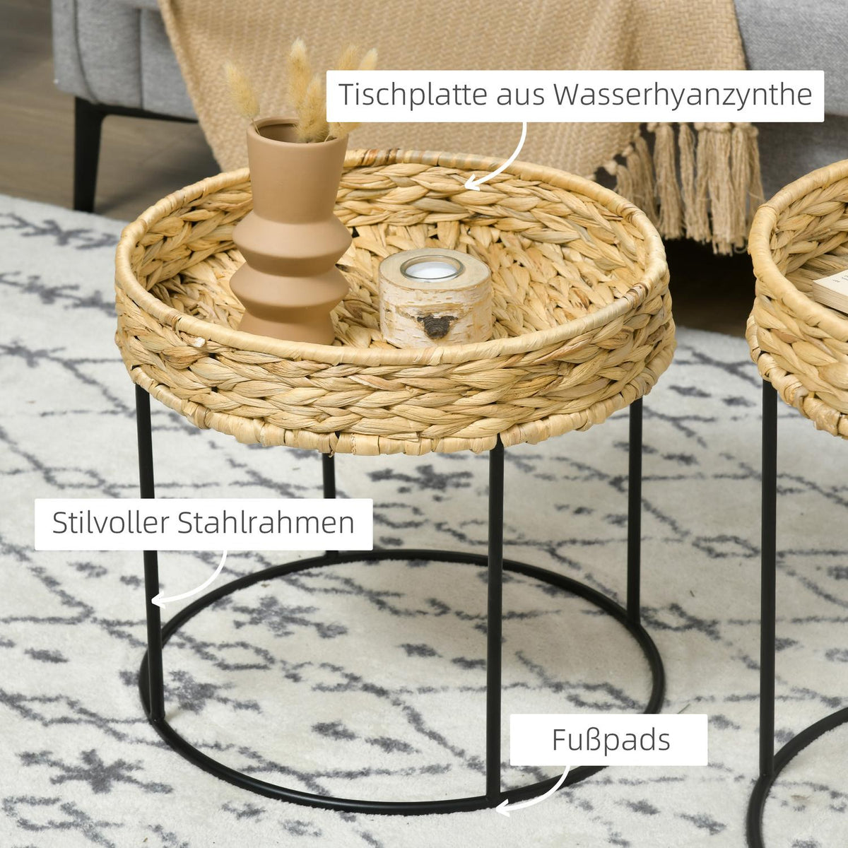 Set of 2 coffee tables, side tables, boho style coffee table, water hyacinth nesting table, sofa table for living room, steel, natural