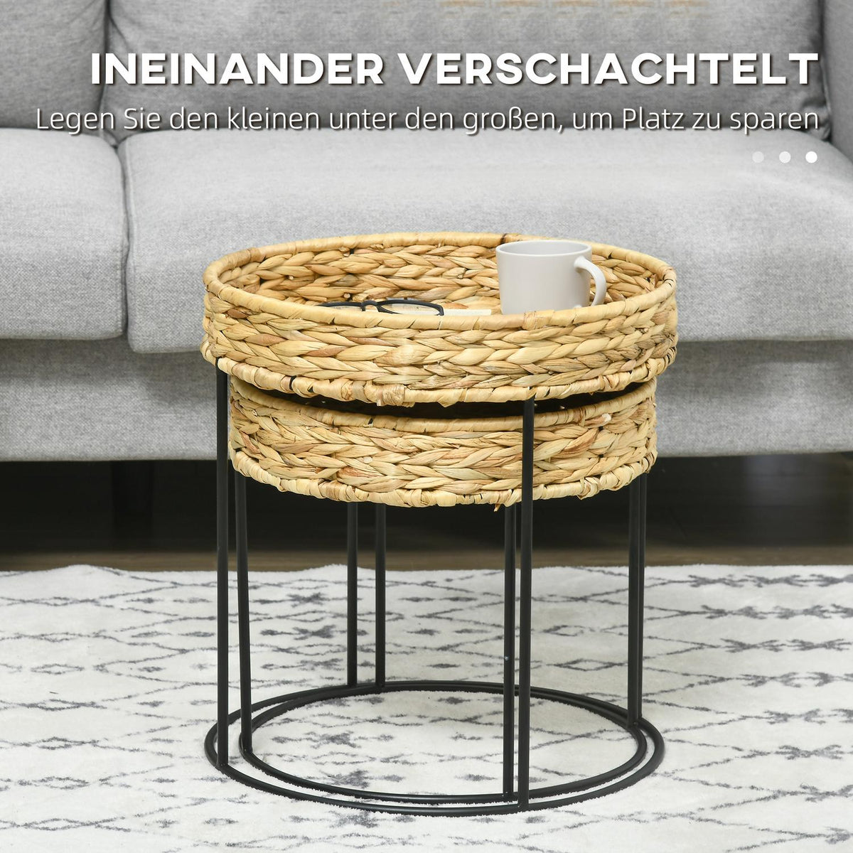 Set of 2 coffee tables, side tables, boho style coffee table, water hyacinth nesting table, sofa table for living room, steel, natural
