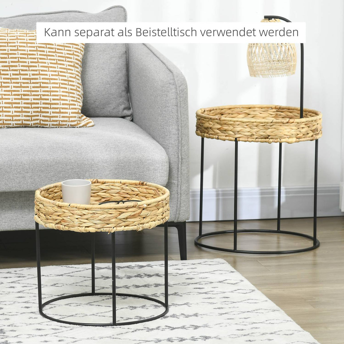 Set of 2 coffee tables, side tables, boho style coffee table, water hyacinth nesting table, sofa table for living room, steel, natural