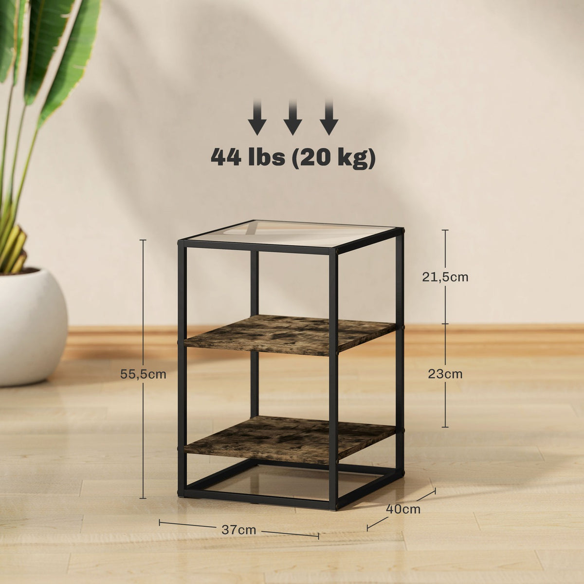 Set of 2 coffee tables, side tables with glass top, living room table with 3 levels, sofa table for living room, bedroom, hallway, 37 x 40 x 55.5 cm, rustic brown