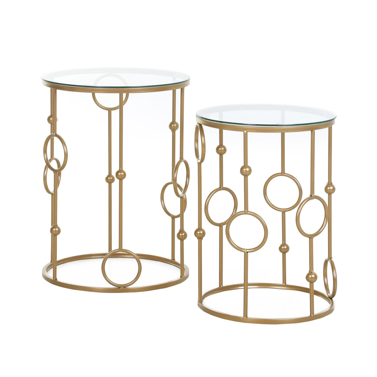 Set of 2 coffee tables, side tables with glass tops, living room tables with hoop and ball design Ø41 x 57 cm, gold