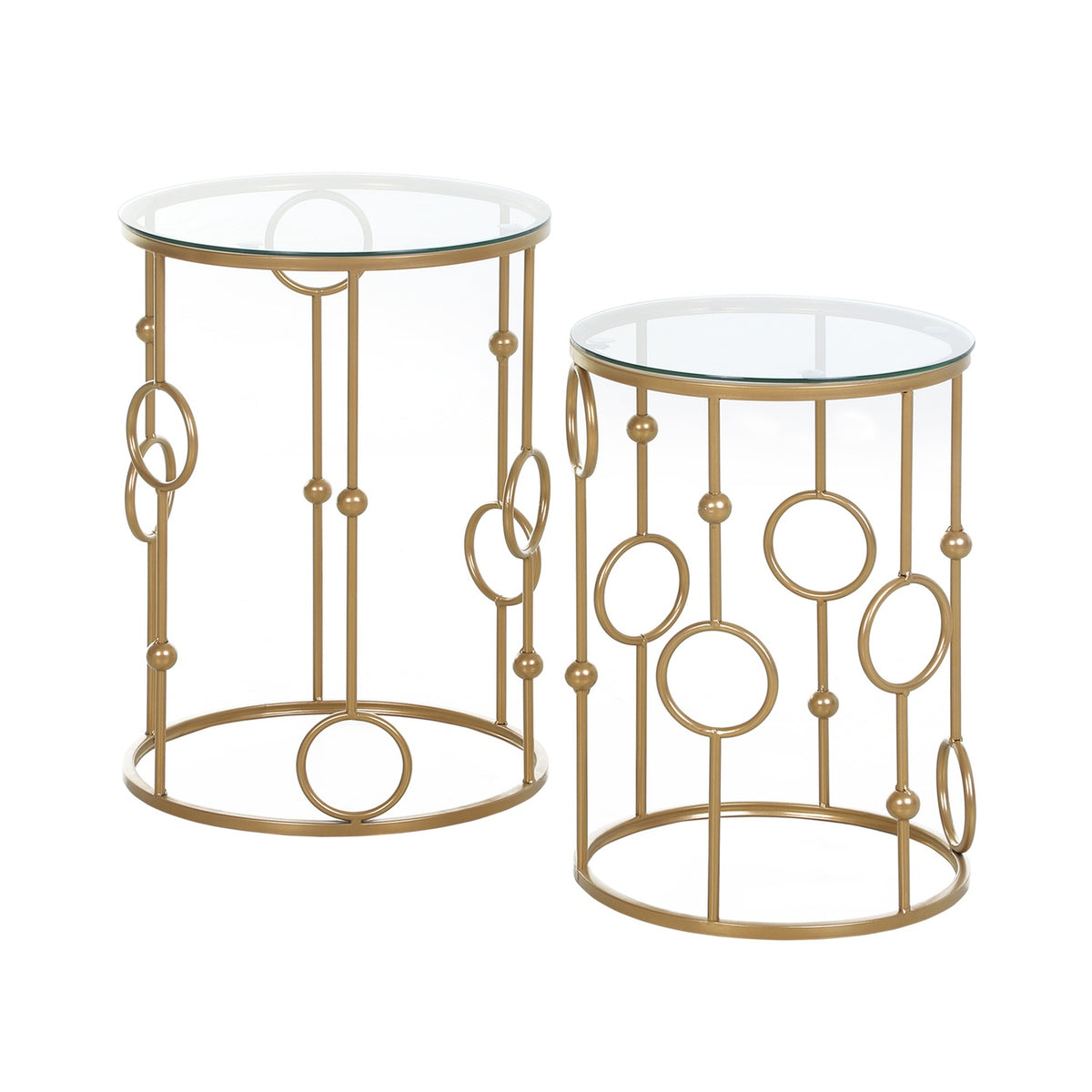 Set of 2 coffee tables, side tables with glass tops, living room tables with hoop and ball design Ø41 x 57 cm, gold