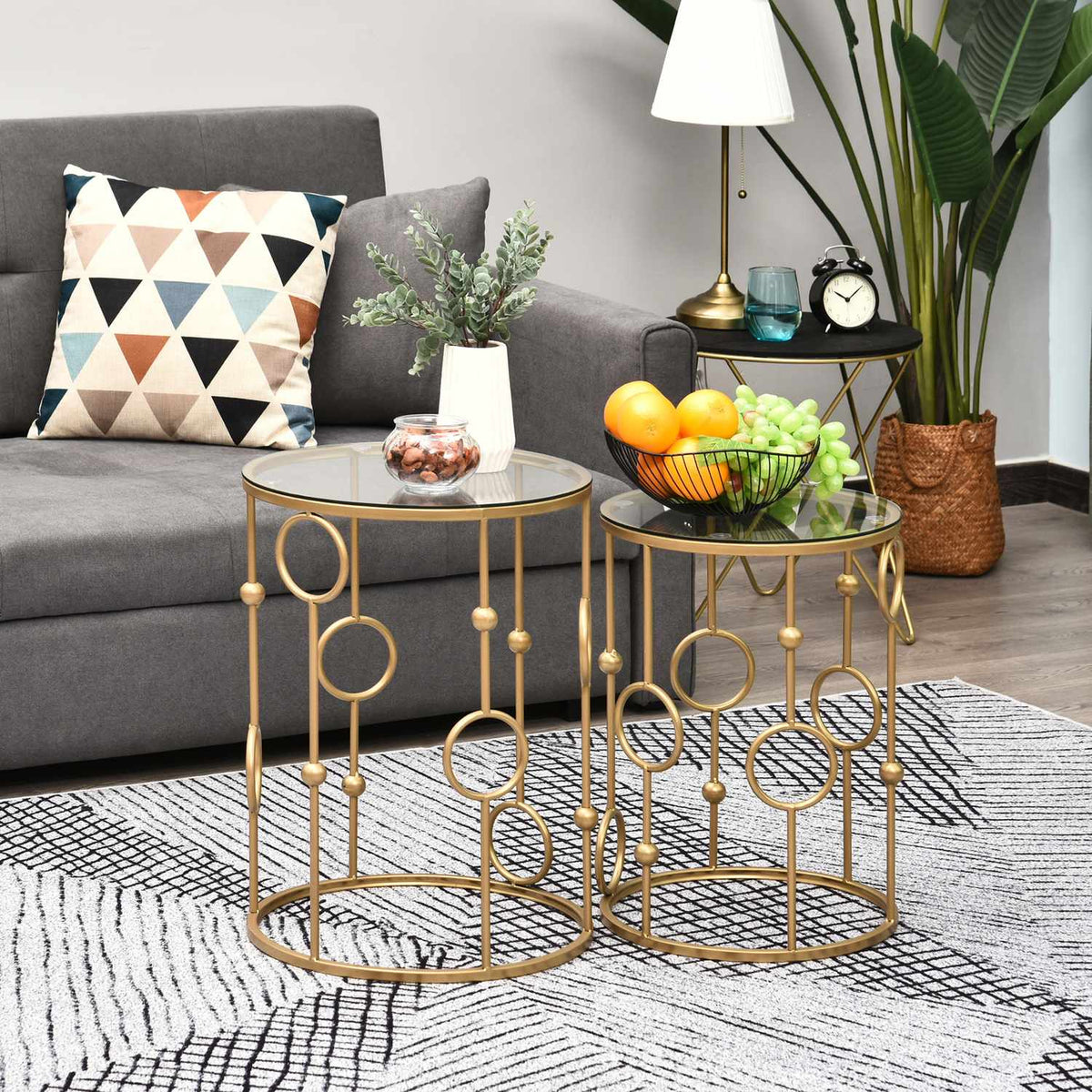Set of 2 coffee tables, side tables with glass tops, living room tables with hoop and ball design Ø41 x 57 cm, gold
