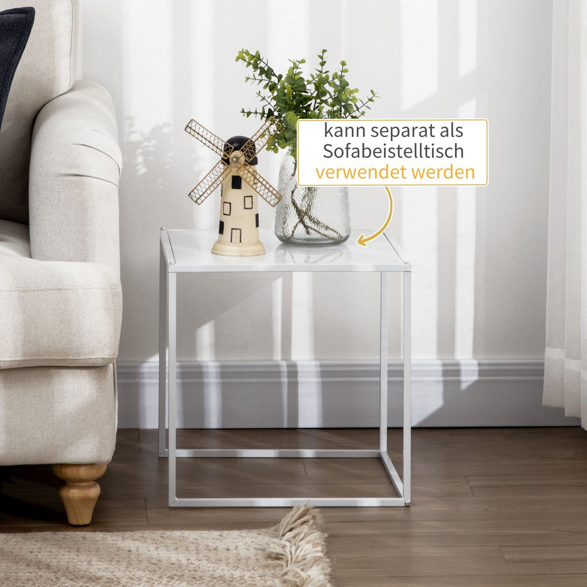 Set of 2 coffee tables, square side tables, coffee table with steel frame, sofa table in a modern design, for living room, load capacity up to 10 kg, white