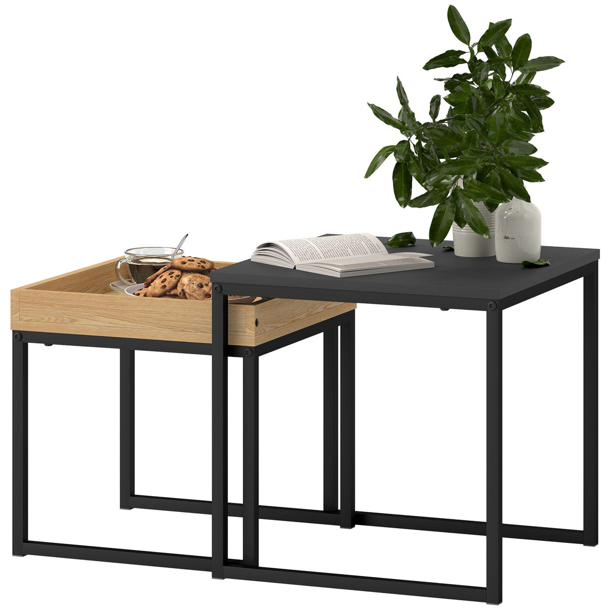 Set of 2 coffee tables, square side tables, coffee table with steel frame, sofa table in a modern design, for living room, load capacity up to 30 kg, black + oak