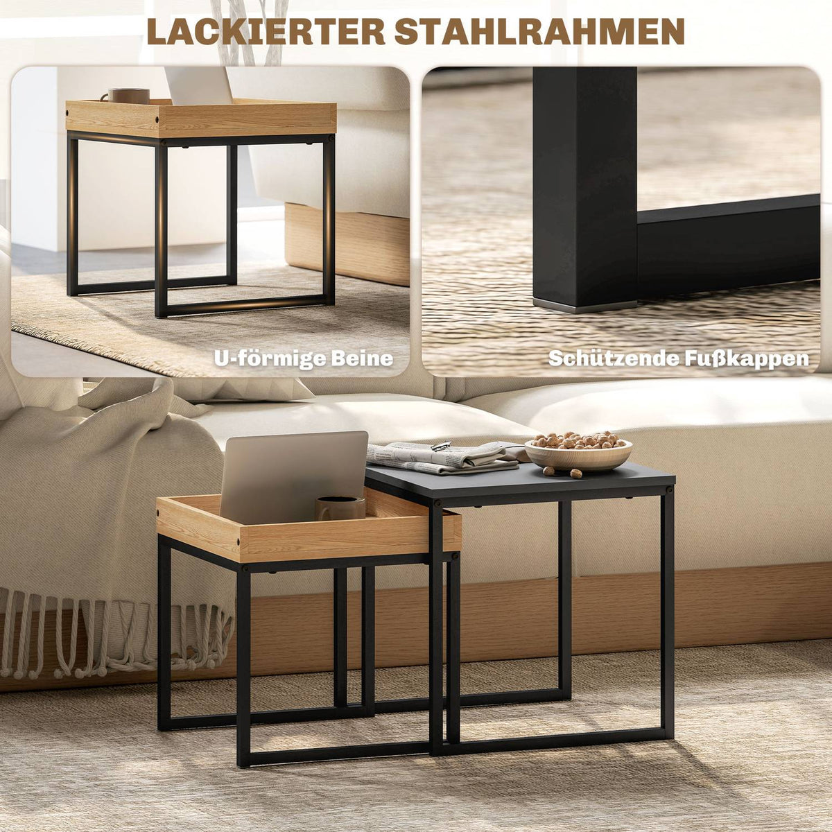 Set of 2 coffee tables, square side tables, coffee table with steel frame, sofa table in a modern design, for living room, load capacity up to 30 kg, black + oak