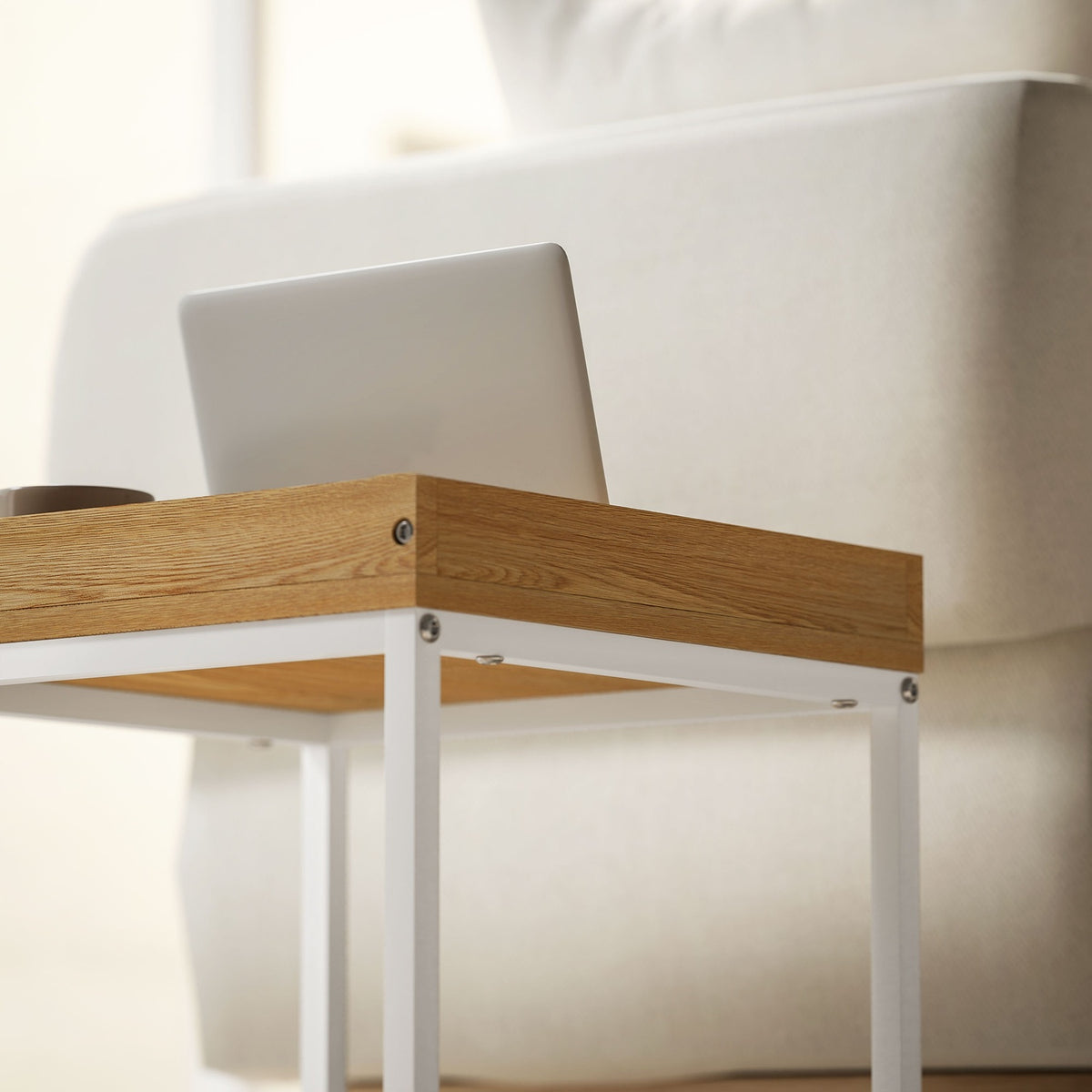 Set of 2 coffee tables, square side tables, coffee table with steel frame, sofa table in a modern design, for living room, load capacity up to 30 kg, white + oak