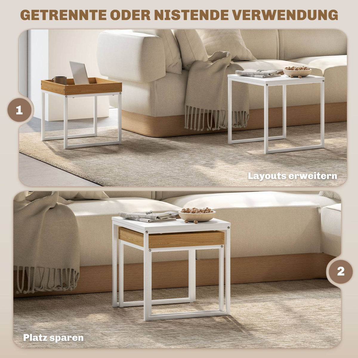 Set of 2 coffee tables, square side tables, coffee table with steel frame, sofa table in a modern design, for living room, load capacity up to 30 kg, white + oak