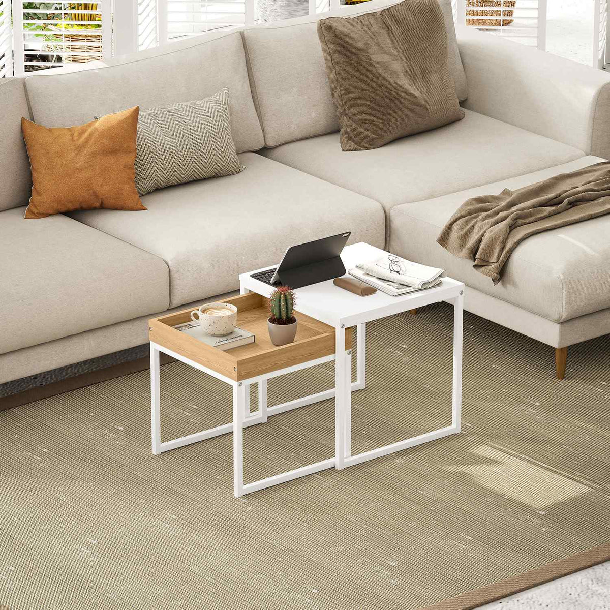 Set of 2 coffee tables, square side tables, coffee table with steel frame, sofa table in a modern design, for living room, load capacity up to 30 kg, white + oak