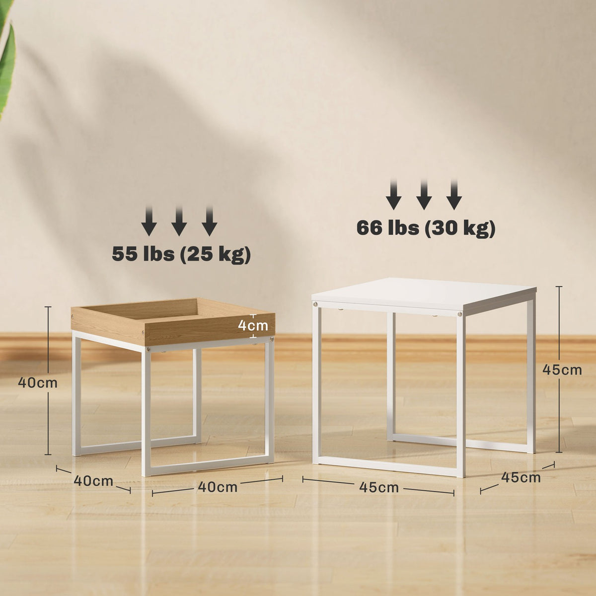 Set of 2 coffee tables, square side tables, coffee table with steel frame, sofa table in a modern design, for living room, load capacity up to 30 kg, white + oak